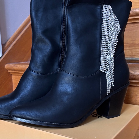 Chase + Chloe Shoes - Chase + Chloe Black Heeled Women's Boots with Rhinestone Fringe Size 11